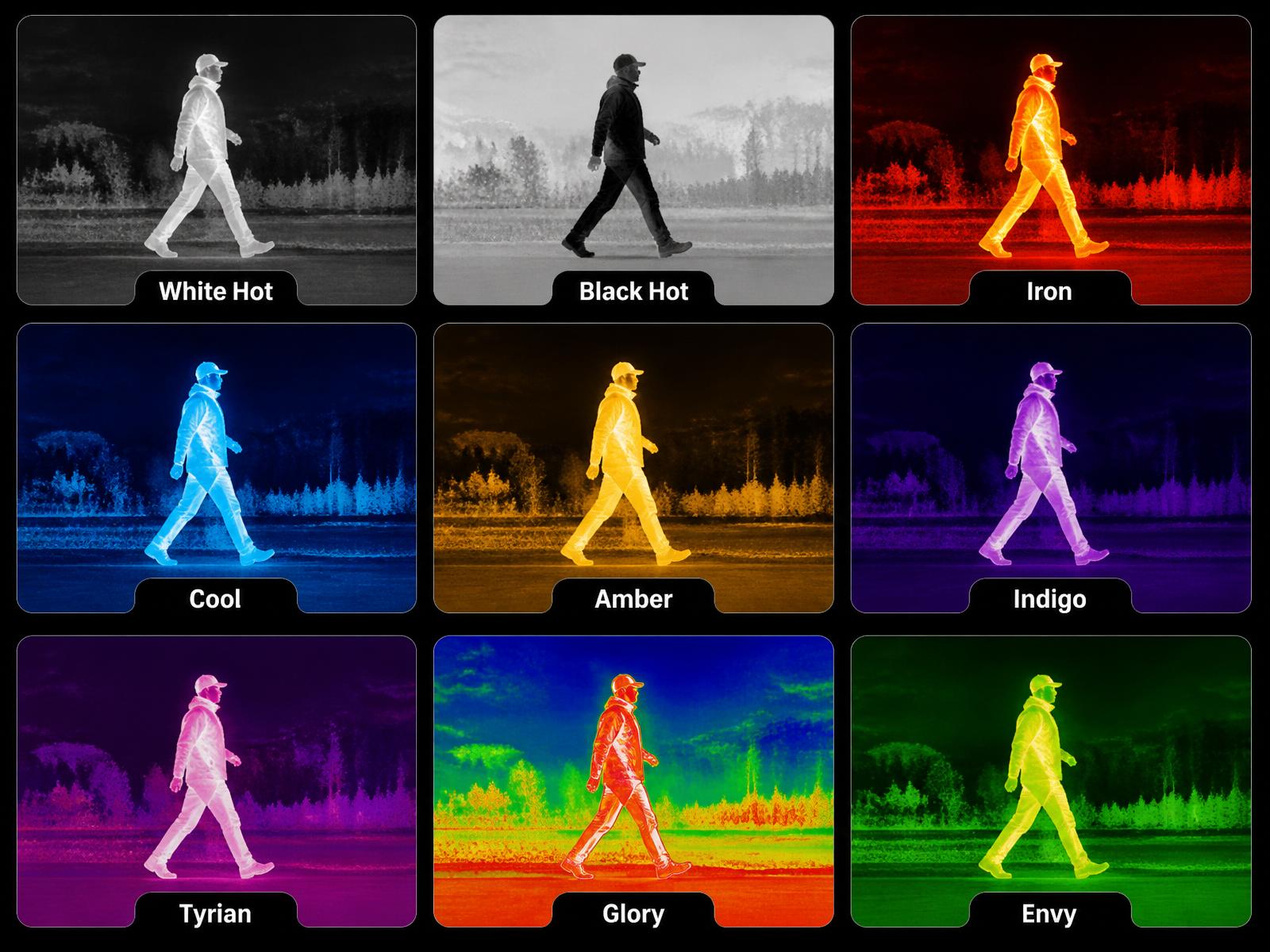 Grid of the nine thermal color palettes available on the DWC-XTBG05DiT — White Hot, Black Hot, Iron, Cool, Amber, Indigo, Tyrian, Glory, and Envy